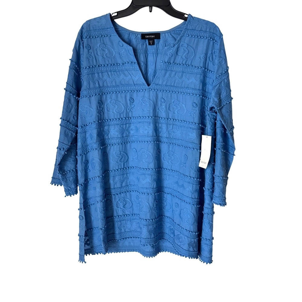 Karen Kane Women Medium Tunic Boho Blue Embroidered Pom Pom Trim